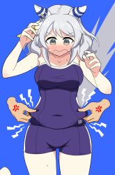 Rule 34 | 1girl, alternate costume, anger vein, animal ears, arms at sides, blue background, blue one-piece swimsuit, breasts, brown eyes, collarbone, commentary request, competition school swimsuit, competition swimsuit, cowboy shot, disembodied limb, ear covers, ear ornament, genzo nasu, grey hair, highres, hishi miracle (umamusume), horse ears, horse tail, medium breasts, one-piece swimsuit, open mouth, pinching, plump, school swimsuit, simple background, solo, solo focus, surprised, sweat, swimsuit, tail, tracen swimsuit, umamusume