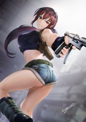 Rule 34 | 1girl, absurdres, ass, belt, black hair, black lagoon, black tank top, boots, breasts, cosplay, denim, denim shorts, fighting stance, fingerless gloves, gloves, highres, holding, jet injector, midriff, mugetsu2501, multicolored hair, original, ponytail, red hair, reference work, revy (black lagoon), revy (black lagoon) (cosplay), shorts, solo, souyakuchan, tank top, two-tone hair