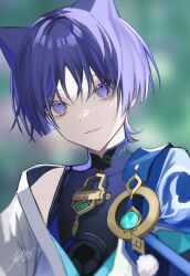 Rule 34 | 1boy, animal ears, artist name, bare shoulders, black shirt, blue gemstone, blue vest, blunt ends, blurry, blurry background, blurry foreground, bush, cat ears, closed mouth, collarbone, flower, gem, genshin impact, gold, grey vest, hair between eyes, highres, jewelry, leaf, looking at viewer, male focus, mandarin collar, necklace, no headwear, official alternate costume, open clothes, open vest, pom pom (clothes), purple eyes, purple flower, purple hair, rtms, scaramouche (genshin impact), shirt, short hair, short sleeves, sleeveless, sleeveless shirt, smile, solo, teeth, two-tone vest, upper body, vest, vision (genshin impact), wanderer (genshin impact)