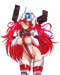 Rule 34 | 1girl, animification, armor, bare shoulders, blush, breasts, cleavage, elbow gloves, gloves, green eyes, heart, heart hands, helmet, hmage, long hair, looking at viewer, mecha musume, medium breasts, personification, red hair, rocket launcher, simple background, smile, solo, thighhighs, titanfall, titanfall (series), titanfall 2, tone (titanfall 2), transparent background, very long hair, visor, visor cap, weapon
