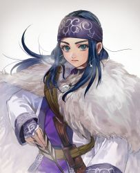 Rule 34 | 10s, 1girl, ainu, ainu clothes, arrow (projectile), asirpa, bandana, blue eyes, blue hair, cape, earrings, fingerless gloves, fur cape, gloves, golden kamuy, halu-ca, holding, holding weapon, hoop earrings, jewelry, long hair, long sleeves, looking at viewer, solo, weapon
