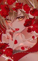 Rule 34 | 1girl, brown eyes, brown hair, caracoro, character name, close-up, collarbone, commentary, copyright name, dripping, eyelashes, flower, hand on own face, highres, lips, looking at viewer, meiko (vocaloid), nail polish, portrait, red flower, red lips, red nails, red rose, red shirt, rose, shirt, short hair, solo, symbol-only commentary, tsurime, vocaloid