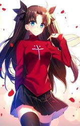 1girl, ahoge, black hair, black legwear, black skirt, blue eyes, cross, fate/stay night, fate (series), fuyuki (neigedhiver), hands up, highres, long hair, looking at viewer, red sweater, skirt, solo, sweater, tohsaka rin, twintails, white background