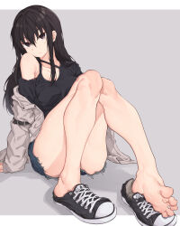 Rule 34 | 1girl, arm support, armpit crease, bare legs, barefoot, batatata77, black footwear, black hair, black shirt, blue shorts, breasts, collarbone, commentary, denim, denim shorts, feet, foreshortening, full body, grey background, grey eyes, grey jacket, hair between eyes, highres, jacket, knees together feet apart, knees up, legs, long hair, looking at viewer, nail polish, off shoulder, open clothes, open jacket, original, shadow, shirt, shoes, short shorts, shorts, sidelocks, simple background, single bare shoulder, single shoe, small breasts, sneakers, soles, solo, symbol-only commentary, thighs, toenail polish, toenails, toes, torn clothes, torn shorts