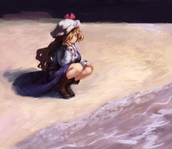 Rule 34 | 1girl, beach, binayu, blonde hair, boots, breasts, female focus, hat, large breasts, long hair, silent sinner in blue, solo, squatting, touhou, watatsuki no toyohime, yellow eyes