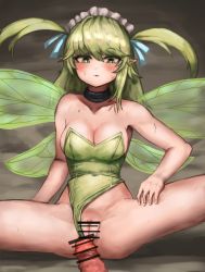 Rule 34 | 1girl, :3, bar censor, bare arms, bare shoulders, black souls, blue ribbon, blush, breasts, bright pupils, censored, cleavage, clothing aside, collar, collarbone, covered navel, fairy, fairy wings, green eyes, green leotard, green pupils, green wings, hair between eyes, hair ribbon, highres, imminent penetration, leaf (black souls), leotard, leotard aside, light green hair, long hair, maid headdress, medium breasts, open mouth, penis, pointy ears, pov, pussy, ribbon, ropeperson, spread legs, strapless, strapless leotard, thighs, two side up, wings