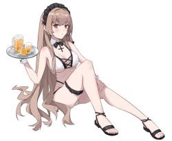 Rule 34 | 1girl, artist request, azur lane, bartender, bikini, black footwear, black headband, bridal garter, brown hair, cross-laced bikini, cross-laced bikini top, cross-laced clothes, detached collar, frilled hairband, frills, hairband, headband, highres, holding, holding tray, long hair, looking at viewer, multi-strapped bikini, red eyes, simple background, solo, swiftsure (azur lane), swiftsure (midsummer special service) (azur lane), swimsuit, tray, two-tone bikini, very long hair, white background, white bikini, wrist cuffs
