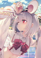 Rule 34 | 1girl, :o, animal ears, arms up, black bow, blush, bob cut, bow, bowtie, brooch, cloud, cloudy sky, crop top, day, fake animal ears, frilled sleeves, frills, gem, granblue fantasy, hair bow, hairband, heart, heart brooch, highres, jewelry, kamizuki shiki, long sleeves, looking away, looking to the side, mouse ears, navel, outdoors, parted lips, red bow, red bowtie, red eyes, red gemstone, red hairband, short hair, signature, silver hair, sky, solo, upper body, vikala (granblue fantasy)