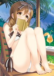 Rule 34 | 10s, 1girl, ass, bad id, bad twitter id, bare legs, bikini, bikini bottom only, blush, book, breasts, brown hair, chair, cleavage, cocktail, cocktail glass, cocktail umbrella, covering face, cup, day, drink, drinking glass, feet, feet on chair, hair ribbon, holding, holding book, knees up, kunikida hanamaru, legs together, long hair, looking at viewer, lounge chair, love live!, love live! sunshine!!, medium breasts, minato spc, outdoors, palm tree, ribbon, side-tie bikini bottom, sitting, solo, swimsuit, thighs, tree, white bikini, yellow eyes