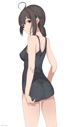 Rule 34 | 1girl, ass, black hair, black one-piece swimsuit, blue eyes, braid, breasts, cowboy shot, from behind, hair flaps, hair over shoulder, highres, kantai collection, looking at viewer, looking back, medium breasts, miron (mirona33), one-piece swimsuit, school swimsuit, shigure (kancolle), shigure kai ni (kancolle), simple background, single braid, solo, swimsuit, white background