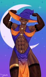 Rule 34 | 1girl, abs, cocktail dress, dress, earrings, elbow gloves, gloves, hat, highres, impossible clothes, jamesthespectr1, jewelry, muscular, muscular female, pelvic curtain, smile, tattoo, thick thighs, thighhighs, thighs, witch, witch hat