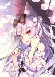 Rule 34 | 1girl, :d, animal ears, azur lane, bow, cat ears, commentary request, detached sleeves, fang, hair bow, hair ribbon, long hair, looking at viewer, open mouth, orange eyes, parasol, ribbon, silver hair, smile, solo, swing, tamanaga haru, umbrella, yukikaze (azur lane), yukikaze (sovereign of the swing) (azur lane)