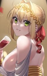 Rule 34 | 1girl, ahoge, alcohol, back, bare shoulders, blonde hair, blush, braid, breasts, close-up, commission, cup, dress, drinking glass, fate/extra, fate (series), french braid, green eyes, hair between eyes, hair bun, hair intakes, hair ribbon, highres, large breasts, laurel crown, long hair, looking at viewer, looking back, nero claudius (fate), nero claudius (fate) (all), nero claudius (fate/extra), nero claudius (formal dress) (fate), no bra, official alternate costume, parted lips, red ribbon, ribbon, sideboob, single hair bun, skeb commission, smile, white dress, wine, wine glass, yayoi maka