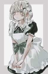 Rule 34 | 1girl, :o, apron, black dress, blush, bow, breasts, brown eyes, collarbone, collared dress, dress, eyebrows hidden by hair, flower, frilled apron, frills, green bow, grey background, grey hair, hair flower, hair ornament, hairclip, highres, looking away, maid, original, parted lips, puffy short sleeves, puffy sleeves, rose, sha2mo, short sleeves, small breasts, solo, two-tone background, white apron, white flower, white rose, x hair ornament