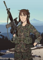 Rule 34 | 1girl, artist name, assault rifle, black eyes, black gloves, brown hair, buck teeth, camouflage, camouflage jacket, camouflage pants, ear protection, freckles, gloves, gun, hand on own hip, highres, hitsuji (hitsujigoods), holding, holding gun, holding weapon, jacket, kara eklund, mountain, mountainous horizon, neet girl date night, optical sight, pants, pouch, rifle, safety glasses, scope, sleeves rolled up, snow, solo, teeth, tree, trigger discipline, weapon
