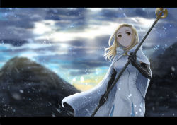 Rule 34 | 1girl, ankh, black gloves, blonde hair, blurry, blurry background, brown eyes, cape, cleric, cloud, cocoa 1211, cowboy shot, dress, elbow gloves, gloves, highres, letterboxed, long hair, mountain, octopath traveler, octopath traveler i, ophilia (octopath traveler), outdoors, priestess, smile, snowing, solo, staff, standing, white cape, white dress