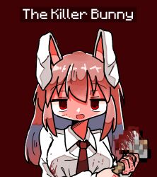 Rule 34 | 1girl, animal ears, axe, blood, blood on clothes, blood on face, blood on hands, bloody weapon, dot nose, english text, holding, holding weapon, kasuya baian, light smile, long hair, long sleeves, looking at viewer, minecraft, minecraft axe, necktie, open mouth, pink hair, rabbit ears, rabbit girl, red background, red eyes, red necktie, reisen udongein inaba, shirt, simple background, touhou, upper body, weapon, white shirt, yandere