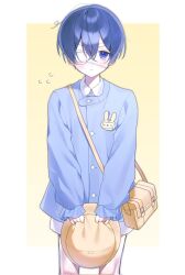Rule 34 | 1boy, bag, bishounen, blue eyes, blue hair, blue shirt, buttons, ciel phantomhive, closed mouth, collared shirt, dark blue hair, expressionless, eyepatch, flying sweatdrops, hair between eyes, hat, highres, holding, holding clothes, holding hat, kuroshitsuji, light blush, looking at viewer, male focus, medical eyepatch, shirt, shorts, shoulder bag, simple background, sleeves past wrists, solo, unworn hat, unworn headwear, white background, white shorts, yellow background, yellow bag, yuya0605