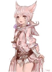 Rule 34 | 1girl, :3, animal ears, bad id, bad pixiv id, belt, blush, cat ears, cowboy shot, fangs, final fantasy, final fantasy xiv, frischenq, hood, hood down, looking at viewer, miqo&#039;te, open mouth, pink eyes, pink hair, pink robe, ponytail, robe, slit pupils, solo, t&#039;kebbe, tail, white background