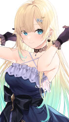 Rule 34 | 1girl, absurdres, aizawa ema, arms up, bare arms, bare shoulders, black choker, black gloves, blonde hair, blue dress, blue eyes, blush, breasts, cat earrings, choker, closed mouth, criss-cross halter, dress, earrings, flower, gloves, gradient hair, green hair, hair flower, hair ornament, halterneck, highres, jewelry, long hair, looking at viewer, medium breasts, multicolored hair, simple background, sleeveless, sleeveless dress, smile, solo, spaghetti strap, strapless, strapless dress, upper body, virtual youtuber, vspo!, white background, yuzutouhu ika