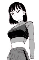 Rule 34 | 1girl, bad id, bad pixiv id, black hair, breasts, closed mouth, crop top, dende (dndn222), greyscale, hair behind ear, highres, large breasts, long sleeves, looking at viewer, monochrome, navel, original, scan, scan artifacts, see-through, shirt, short hair, solo, standing, stomach, traditional media
