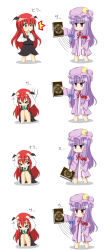 Rule 34 | &gt; &lt;, &gt; o, 2girls, 4koma, :&gt;, :&lt;, ^^^, barefoot, bat wings, blush stickers, book, chibi, chiro-minami, chiro (bocchiropafe), closed eyes, comic, cowering, crescent, crescent moon, embodiment of scarlet devil, female focus, hat, head wings, highres, koakuma, long hair, long image, moon, multiple girls, no mouth, no nose, one eye closed, patchouli knowledge, pentagram, purple eyes, purple hair, red eyes, red hair, scared, silent comic, simple background, tall image, tears, touhou, white background, wings