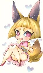 Rule 34 | 1girl, animal ears, blonde hair, blunt bangs, blush, bob cut, chibi, convenient leg, female focus, flat chest, fox ears, fox girl, fox tail, frilled kimono, frills, full body, hand to own mouth, hands up, happy, heart, heart background, highres, japanese clothes, kimono, knees together feet apart, knees up, kon-tan, legs, light blush, looking at viewer, mofu (moffuri sippo), obi, open mouth, pink kimono, purple eyes, purple footwear, sash, shoes, short hair, sidelocks, sitting, sleeveless, sleeveless kimono, smile, solo, tail, thighs, traditional media, white background, youkai watch
