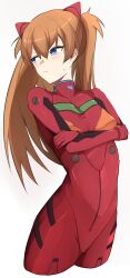 Rule 34 | 1girl, :/, artist request, blue eyes, blush, bodysuit, breasts, brown hair, crossed arms, feet out of frame, hair between eyes, highres, interface headset, long hair, looking back, looking to the side, medium breasts, neon genesis evangelion, plugsuit, red bodysuit, shiny clothes, solo, souryuu asuka langley, sweat, tsundere, tsurime, white background
