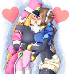 Rule 34 | 2girls, absurdres, aile (mega man zx), breasts, capcom, closed eyes, french kiss, green eyes, highres, kiss, lluanhyperzero, mega man (series), mega man zx, mega man zx advent, multiple girls, prairie (mega man), simple background, yuri