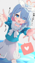 Rule 34 | 1girl, :d, arona (blue archive), blue archive, blue eyes, blue hair, blunt bangs, blush, hairband, halo, heart, highres, looking at viewer, multicolored hair, open mouth, pink hair, school uniform, serafuku, short hair, skirt, smile, solo, spoken heart, translation request, two-tone hair, white skirt, yucblossom