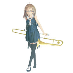 Rule 34 | 1girl, glasses, grin, highres, instrument, one eye closed, original, smile, solo, thighhighs, trombone, wink, zettai ryouiki