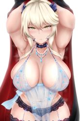 Rule 34 | 1girl, armpits, arms behind head, arms up, artoria pendragon (fate), artoria pendragon (lancer alter) (fate), artoria pendragon (lancer alter) (royal icing) (fate), babydoll, bare shoulders, black panties, blonde hair, blush, breasts, cape, choker, cleavage, collarbone, fate/grand order, fate (series), garter belt, hair between eyes, heavy breathing, highres, hip focus, horns, isawo (lucanus19), jewelry, lace, lace-trimmed legwear, lace trim, large breasts, lingerie, long hair, looking at viewer, navel, necklace, official alternate costume, panties, parted lips, see-through, sidelocks, simple background, snowflake print, solo, sparkle, thighhighs, thighs, underwear, white background, yellow eyes