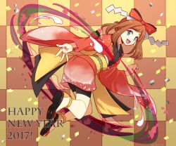 Rule 34 | 1girl, :d, blue eyes, bow, checkered background, confetti, creatures (company), full body, game freak, hair bow, happy new year, hari611, japanese clothes, kimono, long sleeves, looking at viewer, may (pokemon), new year, nintendo, obi, open mouth, pokemon, pokemon oras, red bow, red kimono, sash, smile, solo, teeth, twitter username, upper teeth only, wide sleeves