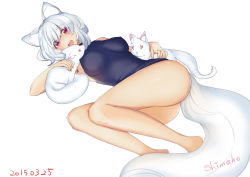 Rule 34 | 1girl, animal ears, ass, bare legs, breasts, covered erect nipples, fox, fox ears, fox tail, looking at viewer, lying, medium breasts, on back, on side, open mouth, original, purple eyes, shimako (mehr), signature, simple background, smile, solo, tail, white hair