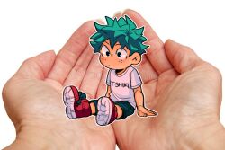 Rule 34 | 1boy, boku no hero academia, closed mouth, clothes writing, commentary, cupping hands, english commentary, freckles, full body, green eyes, green hair, habkart, in palm, male focus, midoriya izuku, mini person, miniboy, outline, own hands together, photo background, red footwear, shirt, shoes, short hair, short sleeves, shorts, simple background, sitting, sitting on hand, t-shirt, white background, white outline, white shirt