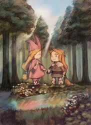 Rule 34 | 1boy, 1girl, blonde hair, blue eyes, boots, brown footwear, brown hair, capelet, closed mouth, commentary request, day, dress, flower, forest, full body, grass, green shirt, hand on own chest, hand up, hat, holding hands, jewelry, long hair, long sleeves, looking at another, low-tied long hair, maeka (kumaekake), narcia, nature, necklace, outdoors, pants, pietro pakapuka, pink capelet, pink dress, pink footwear, pink headwear, pink pants, popolocrois, profile, river, shirt, shoes, sky, smile, standing, tree, very long hair, water, white flower, yellow flower