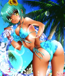 Rule 34 | 1girl, ass, bikini, breasts, dark-skinned female, dark skin, day, dr rex, green hair, highres, looking at viewer, looking back, medium breasts, o-ring, open mouth, original, outdoors, palm tree, sandals, short hair, solo, swimsuit, tree, yellow eyes