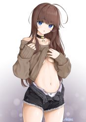 Rule 34 | 1girl, ahoge, artist name, bare shoulders, black choker, black shorts, blue eyes, borrowed character, breasts, brown hair, chaesu, choker, commentary, cowboy shot, cutoffs, gradient background, grey background, grey sweater, highres, long hair, long sleeves, mole, mole under mouth, navel, off-shoulder sweater, off shoulder, open fly, original, panties, short shorts, shorts, signature, sleeves past wrists, solo, standing, stomach, sweater, thighs, underwear, white background, white panties