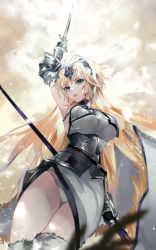 1girl, absurdres, armor, bangs, blonde hair, breasts, chains, eyebrows visible through hair, fate/grand order, fate (series), fur trim, gauntlets, green eyes, headpiece, highres, holding, holding sword, holding weapon, jeanne d&#039;arc (fate) (all), large breasts, long hair, looking at viewer, panties, parted lips, skirt, solo, standing, sword, thighhighs, underwear, vardan, very long hair, weapon, white panties
