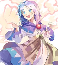 Rule 34 | 1girl, :d, antenna hair, bad id, bad pixiv id, blue capelet, blue eyes, blue hair, blush, capelet, center frills, clenched hands, commentary request, cowboy shot, dress, frills, hands up, highres, hood, hooded capelet, kumoi ichirin, long sleeves, looking at viewer, misha (hoongju), open mouth, short hair, smile, solo, touhou, unzan, waist cape, white background, white dress, wide sleeves