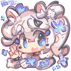 Rule 34 | 1girl, :d, absurdres, animal ears, blue eyes, blush stickers, butterfly hair ornament, chibi, dated, fur-trimmed sleeves, fur trim, goddess of victory: nikke, hair between eyes, hair ornament, highres, jacket, jrpencil, long hair, n102 (miracle fairy) (nikke), n102 (nikke), official alternate costume, open mouth, short twintails, signature, smile, solo, twintails, v, white hair, white jacket