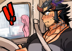 Rule 34 | 1boy, 1girl, alternate costume, bara, beard, blue hair, blush, dark blue hair, demon boy, driving, facial hair, fang, fiery horns, glasses, horns, jewelry, large pectorals, long sideburns, male focus, muscular, necklace, pectorals, protagonist 2 (housamo), scar, sideburns, simple background, sketch, stubble, sugo6969, takemaru (housamo), thick eyebrows, tokyo houkago summoners, upper body