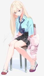 Rule 34 | 1girl, adjusting footwear, aqua eyes, blonde hair, blue necktie, blue shirt, braid, breasts, chair, character request, closed mouth, collarbone, collared shirt, commentary request, copyright request, feet, full body, grey background, grey footwear, high-waist skirt, highres, jacket, jewelry, knees together feet apart, leaning forward, legs, looking at viewer, medium breasts, miniskirt, necklace, necktie, no socks, off shoulder, pink jacket, pleated skirt, poligon (046), purple footwear, school chair, shadow, shirt, shoes, short sleeves, signature, simple background, sitting, skirt, solo, thighs, toe cleavage, uwabaki