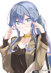 Rule 34 | 1girl, alternate costume, bespectacled, black shirt, blue eyes, blue hair, breasts, brown jacket, choker, collarbone, commentary request, glasses, gotland (kancolle), hair between eyes, jacket, kantai collection, long hair, long sleeves, looking at viewer, medium breasts, mikage takashi, mole, mole under eye, ponytail, shirt, simple background, smile, solo, upper body, white background