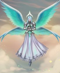 Rule 34 | 1girl, absurdres, angel, angel wings, armor, armored dress, blindfold, cloud, dungeons &amp; dragons, greaves, halo, highres, holding, holding sword, holding weapon, huge filesize, leejun35, long hair, pointy ears, silver hair, skirt, solo, sword, weapon, wings, zariel