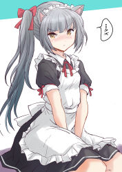 Rule 34 | 1girl, alternate costume, animal ears, apron, black dress, brown eyes, cat ears, cat tail, dress, enmaided, fuji (pixiv24804665), grey hair, highres, kantai collection, kasumi (kancolle), long hair, looking at viewer, maid, maid headdress, puffy sleeves, short sleeves, side ponytail, solo, tail, v arms, white apron
