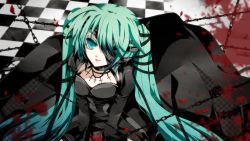 Rule 34 | 1girl, akatsuki yakyou, barbed wire, barbwire, chain, checkered floor, cross, dress, eyepatch, floor, green eyes, green hair, hatsune miku, highres, jewelry, long hair, matching hair/eyes, necklace, solo, twintails, very long hair, vocaloid
