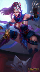 Rule 34 | breasts, chinese mythology, claw (weapon), cleavage, da ji (smite), fox tail, highres, holding, holding weapon, jewelry, large breasts, long hair, looking at viewer, purple hair, smite, solo, tail, weapon