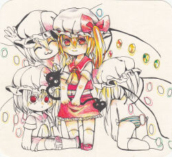 Rule 34 | 1girl, :3, ^ ^, adapted costume, ascot, blonde hair, closed eyes, closed mouth, flandre scarlet, four of a kind (touhou), frilled ascot, frilled skirt, frills, hair between eyes, hat, hat ribbon, highres, laevatein (touhou), light smile, looking at viewer, mary janes, medium hair, mob cap, multicolored wings, one side up, partially colored, red eyes, red footwear, red ribbon, red skirt, red vest, ribbon, ribbon-trimmed headwear, ribbon trim, shirt, shoes, short sleeves, simple background, skirt, skirt set, socks, tian (my dear), touhou, vest, white background, white headwear, white shirt, white socks, wings, yellow ascot