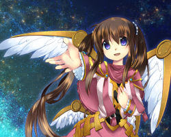Rule 34 | 1girl, asgard, black shirt, blue eyes, blush, capelet, commentary request, cowboy shot, dress, feathered wings, fringe trim, hair between eyes, jacket, kanagi tsumugi, long hair, looking at viewer, magician (asgard), multiple wings, open mouth, outstretched hand, pink capelet, pink dress, shirt, sky, smile, solo, star (sky), starry sky, twintails, very long hair, white jacket, white wings, wings